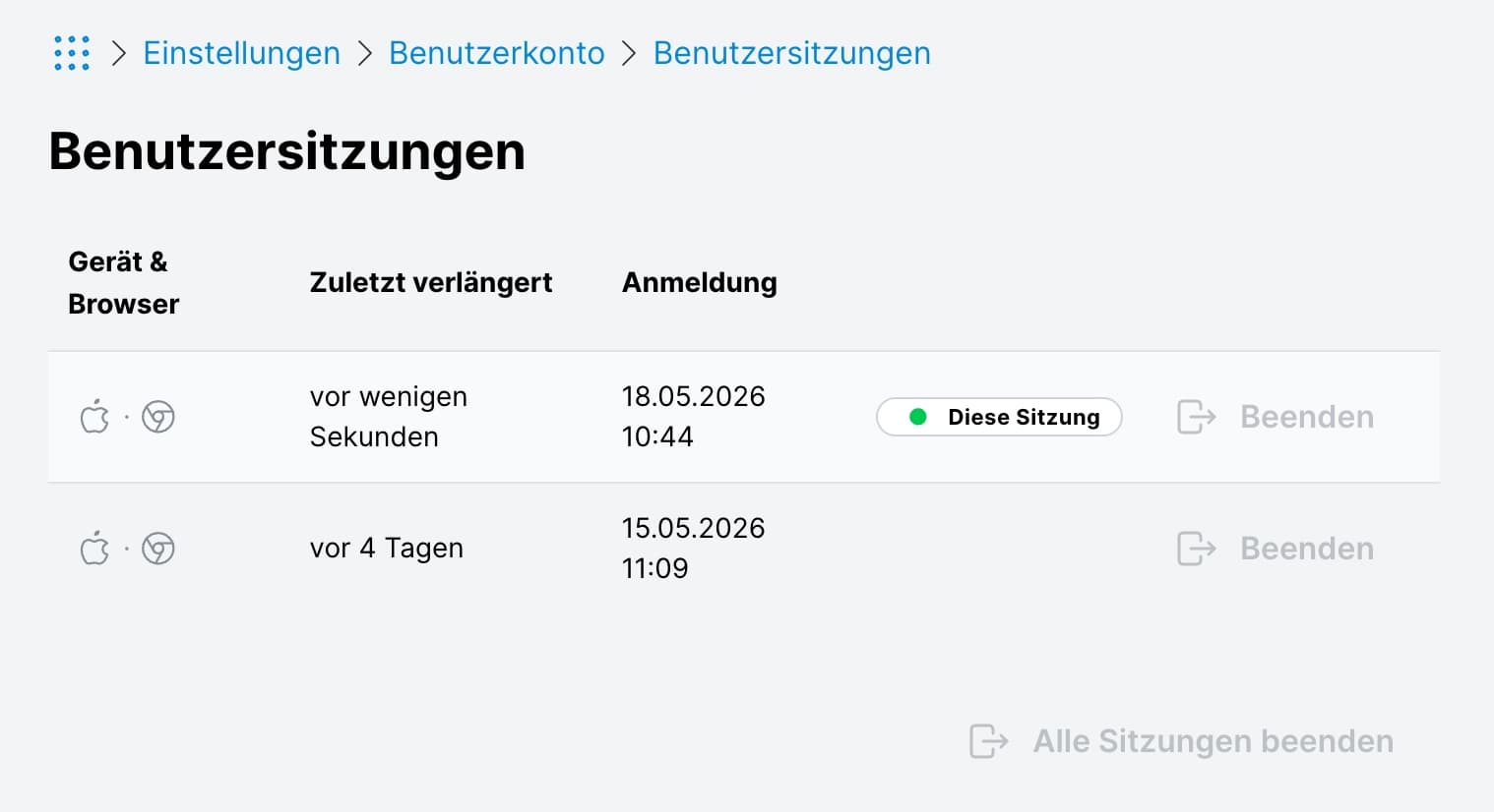 Aktive Sitzungen eines Benutzers