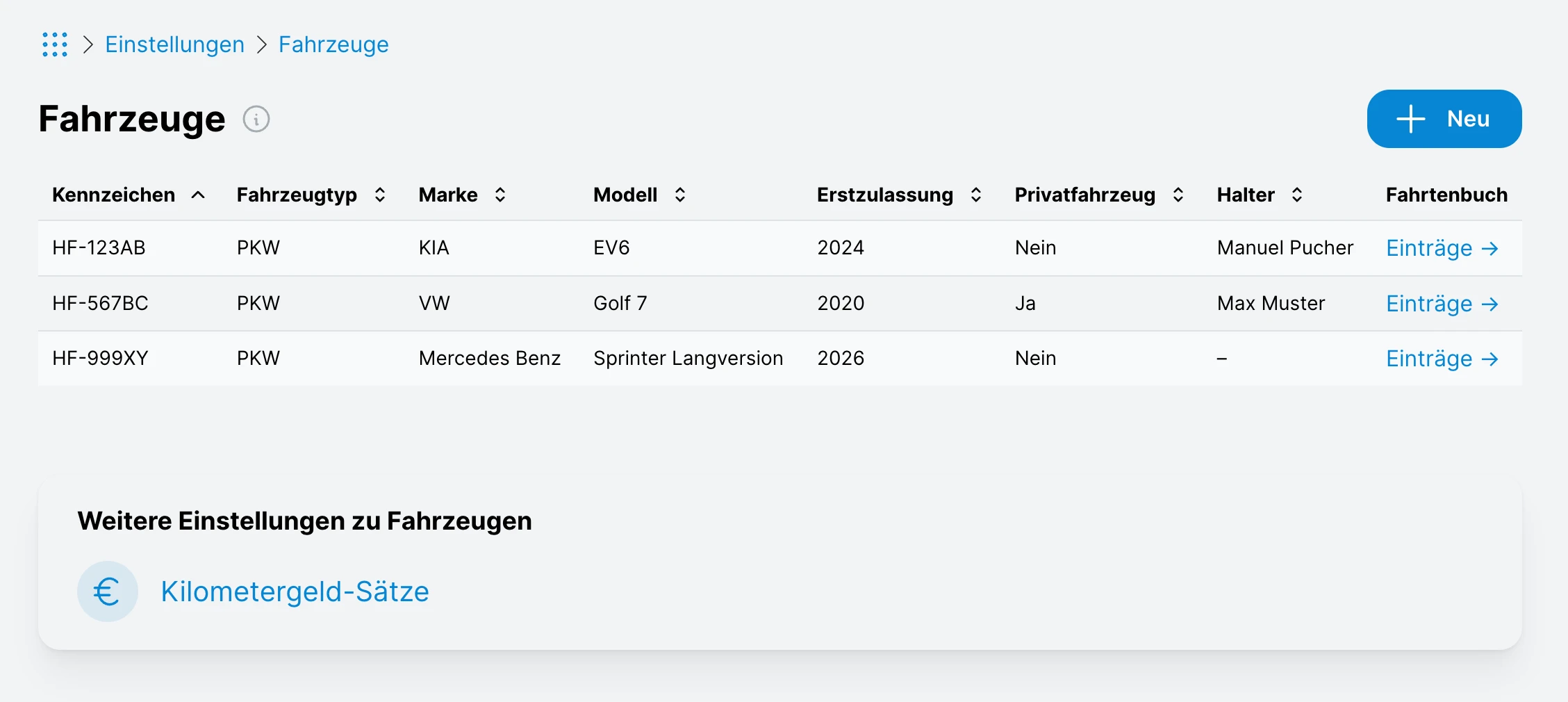 Fahrzeuge anlegen