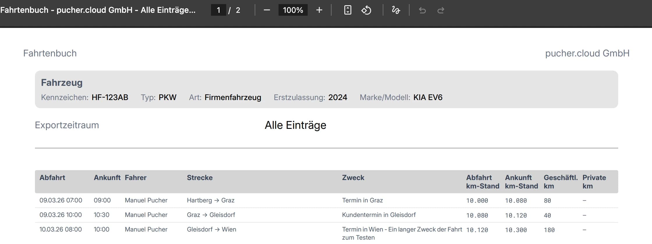 Fahrtenbuch als PDF exportiert