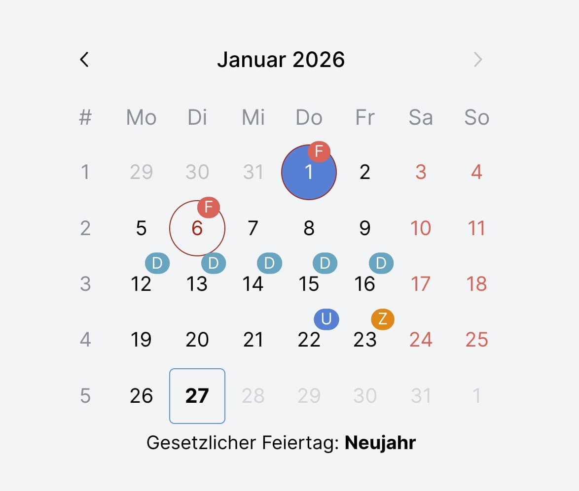 Kalender eines Mitglieds mit Feiertagen