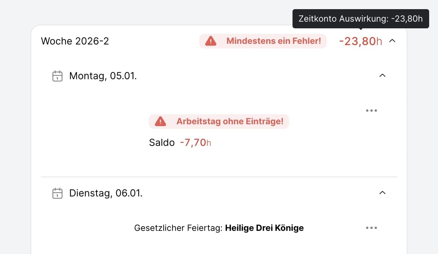 Stempelungsübersicht mit einem Feiertag