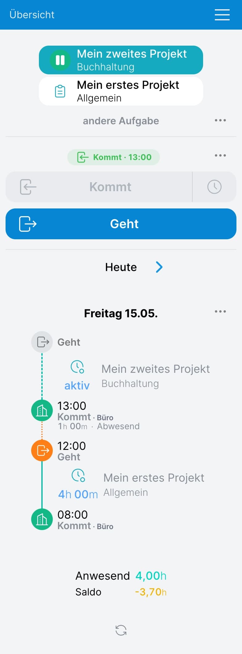 Übersichts-Seite mit aktiver Buchung