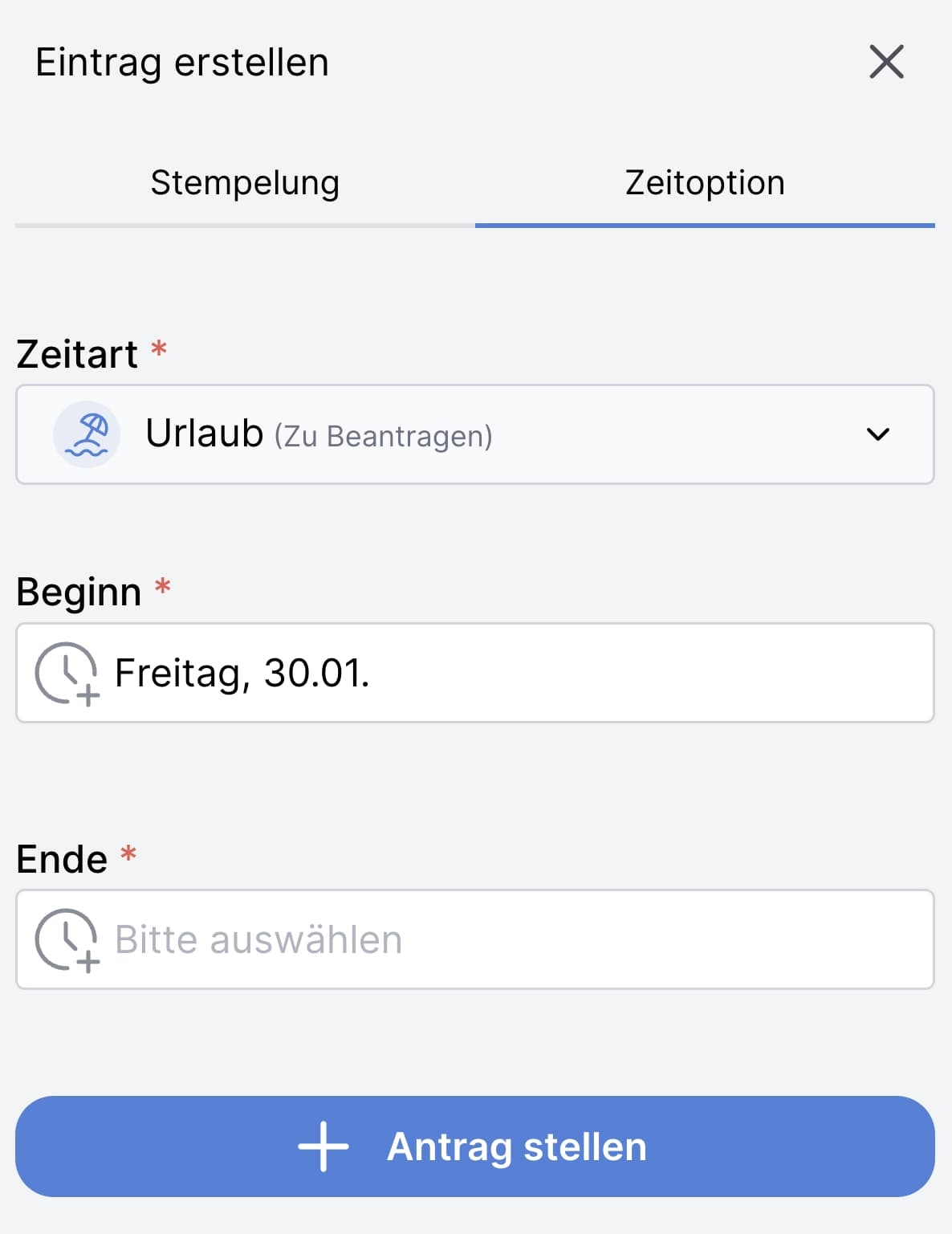 Antrag für eine Zeitoption stellen