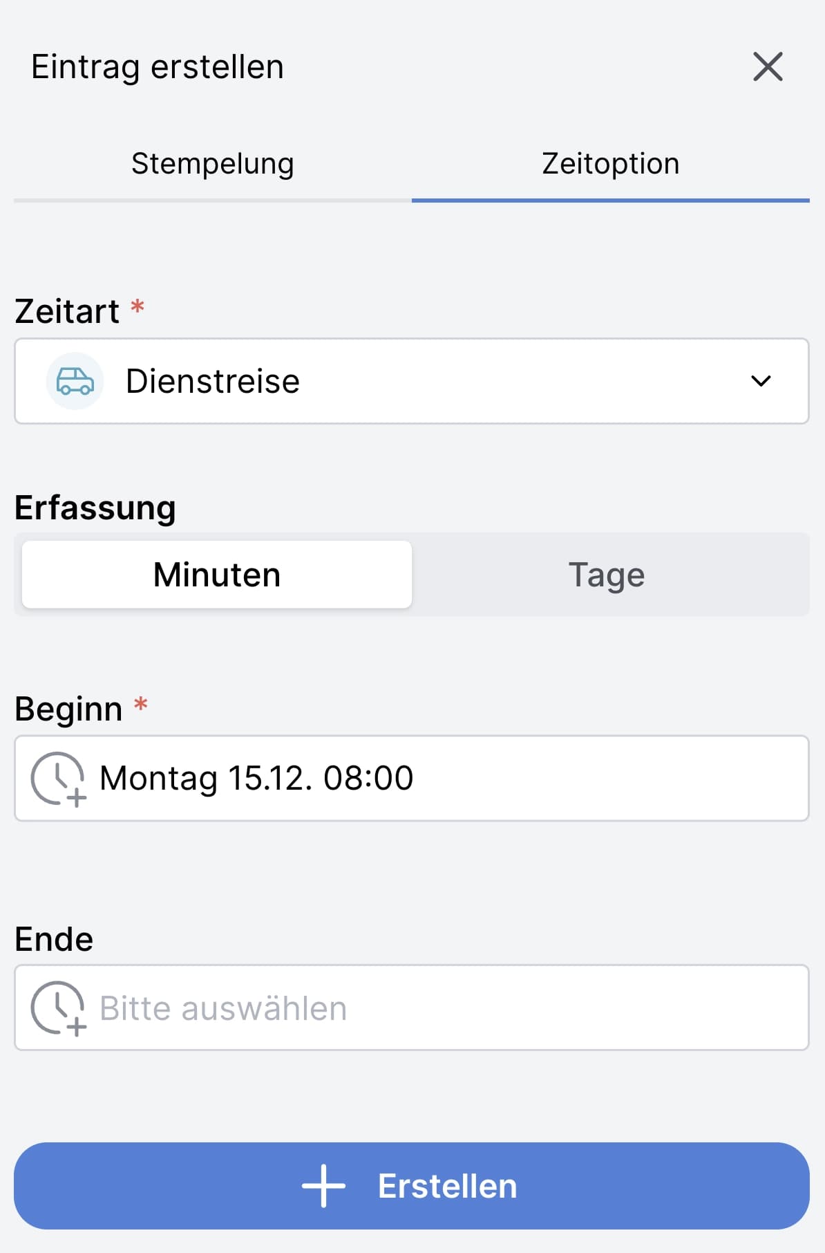 Eintrag Zeitoption erstellen