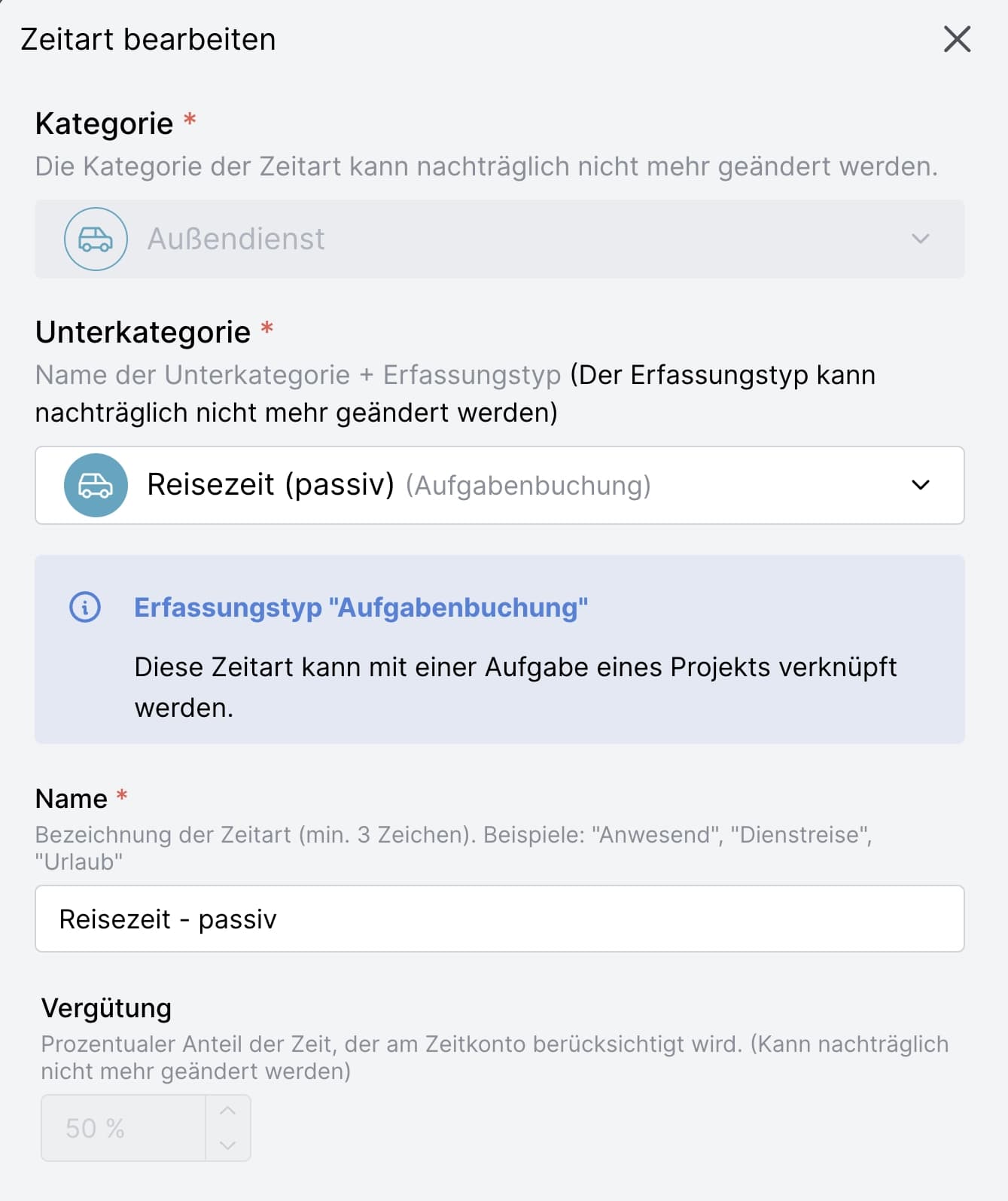 Zeitart bearbeiten - Einige Optionen sind nicht veränderbar