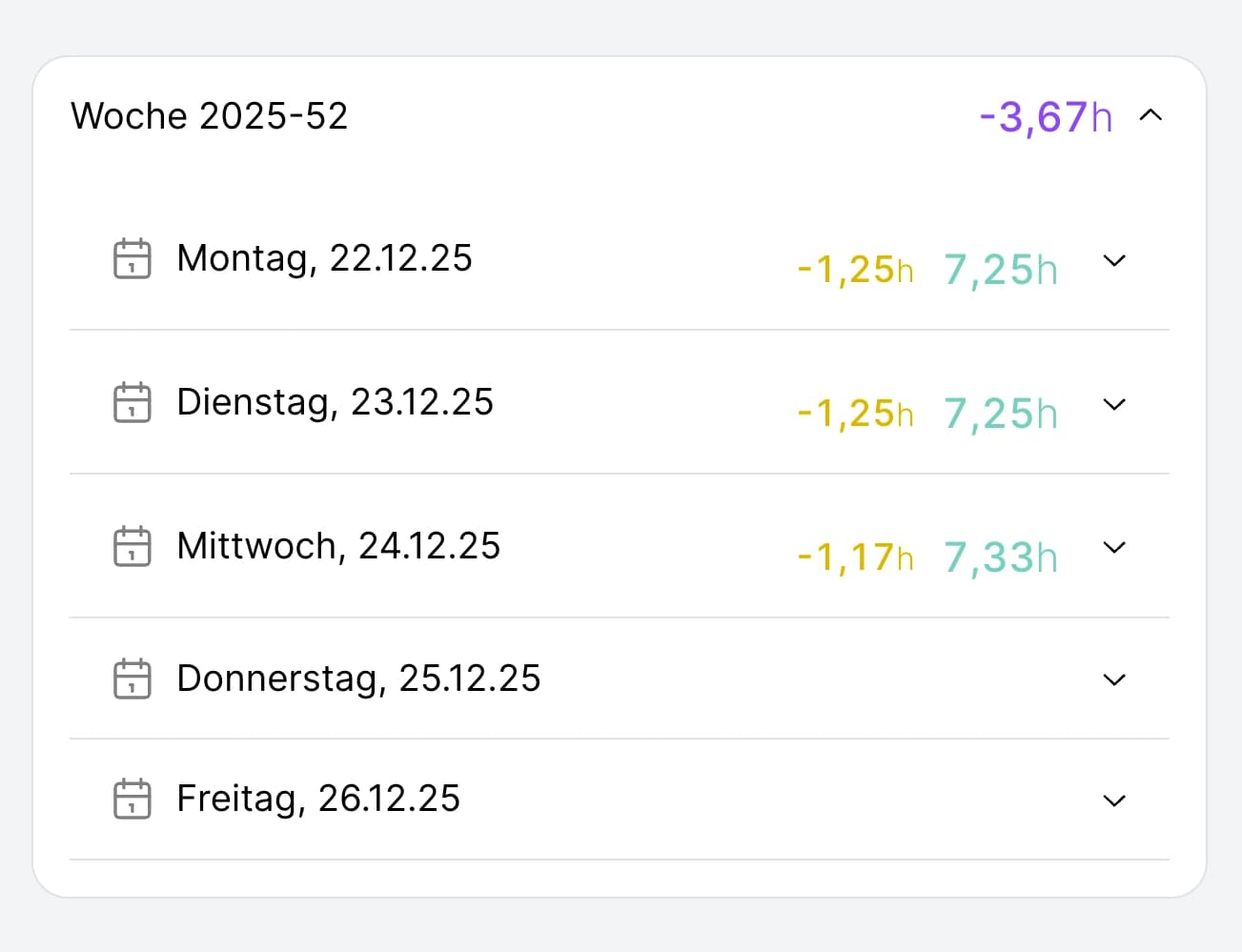 Zeiteinträge eines Mitglieds - Detailansicht einer Woche