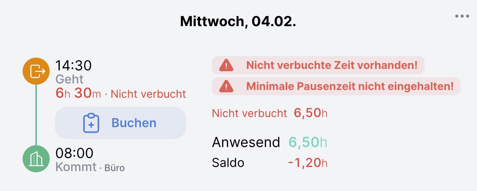 Fehlenden Buchungen & Stempelungen entsprechen nicht den Regeln des Arbeitszeitmodells