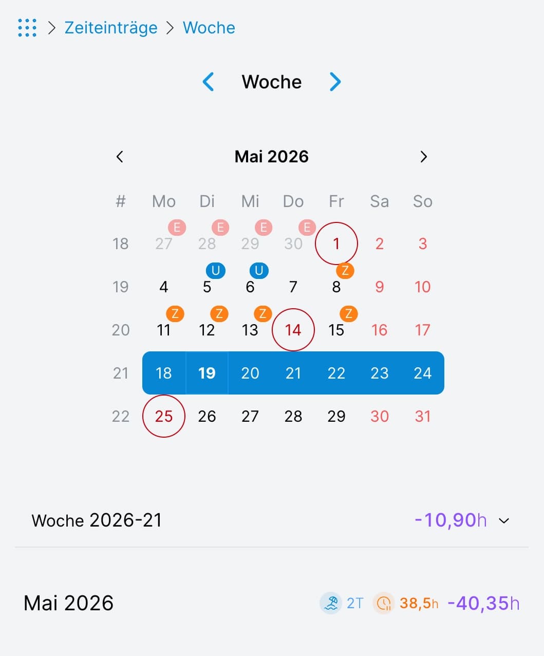 Einträge einer Woche auf der Zeiteinträge-Seite